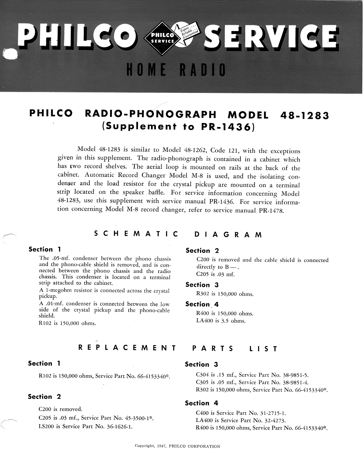 PHILCO 48-1274 & 48-1276 PHONOGRAPH RADIO PHOTOFACT 